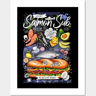 Big yummy seafood sandwich, salmon, avocado, lemon, cheese Posters and Art